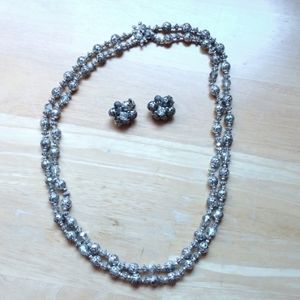 Double Strand Necklace with Matching Earrings Silver Tone Vintage Parure